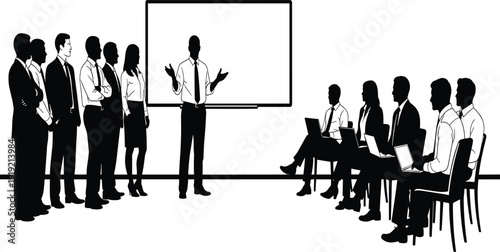 Group of people attending a presentation with a speaker at a whiteboard