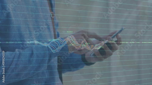 Animation of data processing over moving grid and womans blue and circular model
