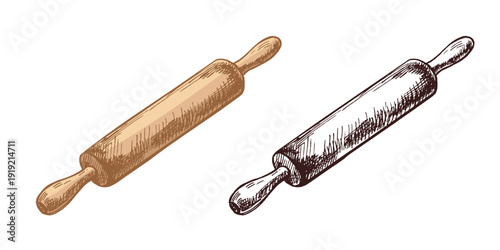 Hand drawn vintage illustration of wooden rolling pin in color and monochrome versions isolated vector graphic