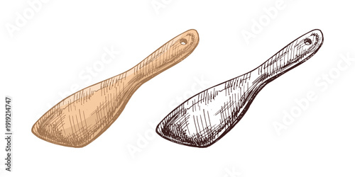 Hand drawn vintage illustration of wooden kitchen spatula in color and monochrome isolated vector set