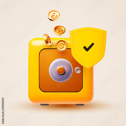 3D cartoon safe, security shield and golden coins. Savings. Bank reliability