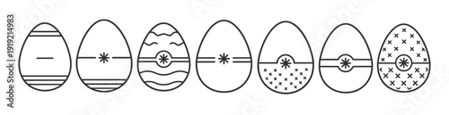 A line of Easter eggs decorated with various patterns, featuring stripes, dots, and concentric circles, showcasing a festive and traditional holiday theme