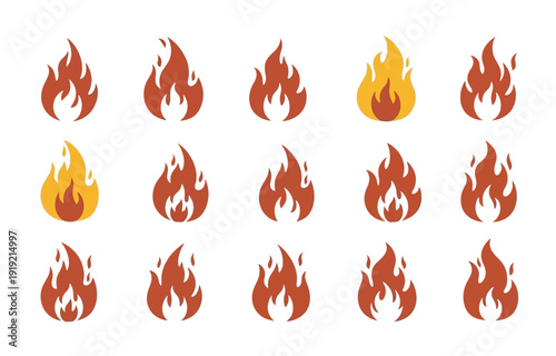 Essential set of dynamic fire and flame vector icons, featuring a range of designs suitable for warning signs, heat indicators, and various graphic design projects