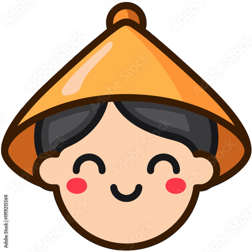 Smiling Asian Person in Conical Hat Vector Illustration, Happy Cartoon Character for Cultural Representation, Travel, and Agriculture Concepts.