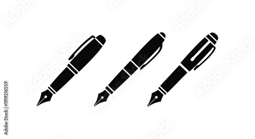 Three black fountain pens displayed diagonally a striking silhouette