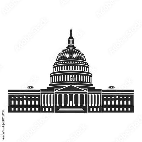 A stark black and white illustration of the united states capitol building