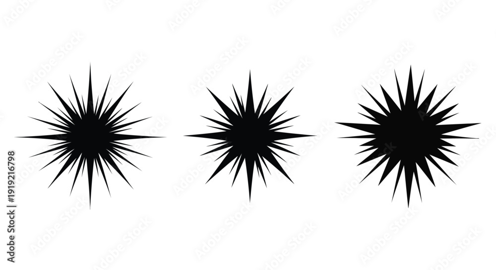 Φωτογραφία Three spiky starburst shapes arranged horizontally a dark silhouette