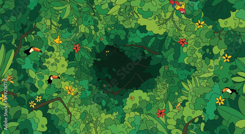 Vibrant jungle canopy illustration featuring exotic birds colorful butterflies and bright flora surrounding a mysterious dark void a rich diverse