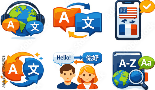 Language translation and multilingual communication icons. Vector