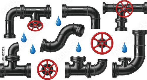 Industrial Water Pipe and Valve System Illustration Set with Metal Plumbing Elbows, Red Control Wheels, and Leak Drop Symbols