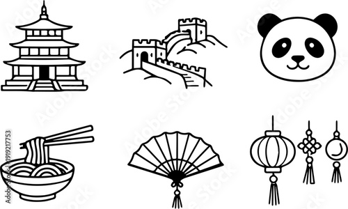 China culture and landmarks outline icons
