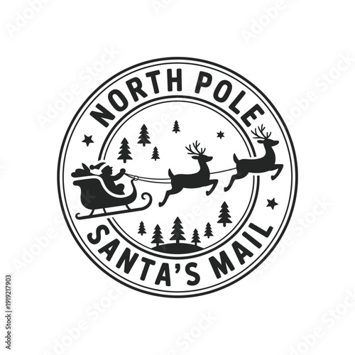 A circular north pole stamp featuring santa claus and reindeer