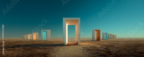 Floating doorways opening into different color dimensions in an empty field