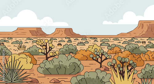Vast stylized desert panorama featuring hardy plants and ancient mesas under a tranquil sky