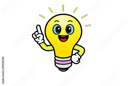 Cartoon illustration of cheerful light bulb character with raised finger and radiating yellow lines symbolizing bright idea