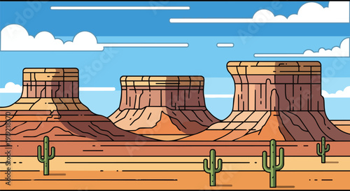 Stylized desert landscape illustration featuring towering mesas and vibrant saguaro cacti under a clear blue sky