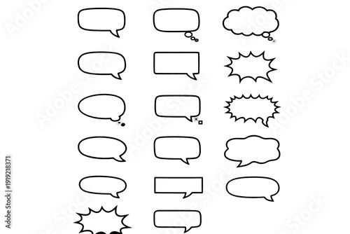 Grid of 20 black-outlined speech and thought bubble designs in varied shapes including rectangular, oval, cloud-like, and jagged styles