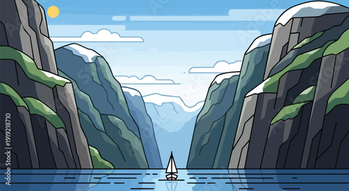 A serene vector illustration of a small sailboat navigating a vast mountain fjord under a clear sky