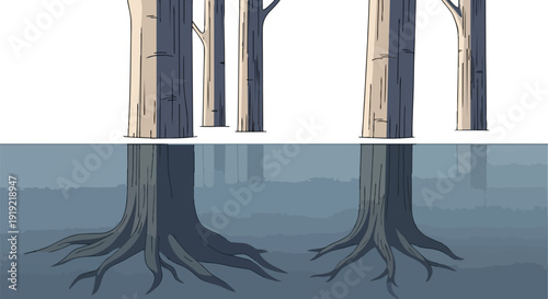 Stylized forest scene featuring exposed tree trunks and their hidden roots beneath water