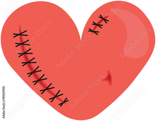 Red heart vector illustration with black stitches and surgical sutures. Concept for a broken heart, emotional healing, recovery from heartbreak, or medical cardiac repair.