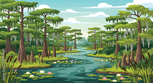 Vibrant cartoon bayou landscape featuring cypress trees and water lilies, a serene natural waterway, depicting rich flora and calm waters beneath a
