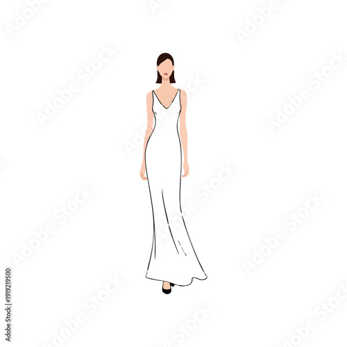 Slender woman wearing a long white dress standing alone in a minimalist environment, viewed from the front
