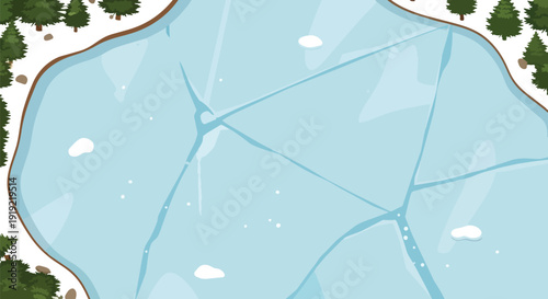 Top-down perspective of a cracked ice lake amidst a frosty forest setting under clear winter skies
