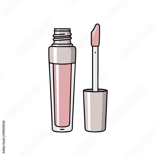 Illustration of a lip gloss tube and applicator with pink liquid, isolated on a simple background, viewed from the front.