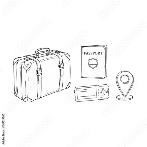 Travel preparation scene with luggage, passport, ticket, and location pin, illustrating journey readiness and adventure from a straightforward viewpoint