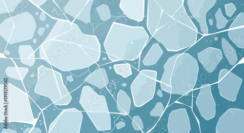 Dynamic Abstract Arctic Ice Floe Pattern on Frozen Water Surface with Sharp Fractured Edges and Subtly Shimmering Glacial Shards, a Cool Toned