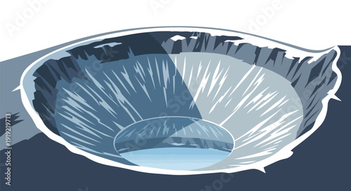 Vector illustration depicting an expansive geological crater, featuring steep sloping walls descending to a serene lake and a unique elevated