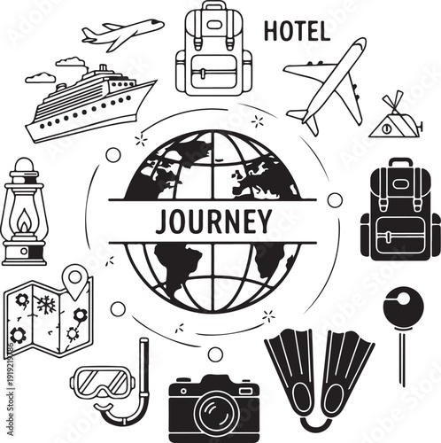 Travel and tourism icons around the world globe