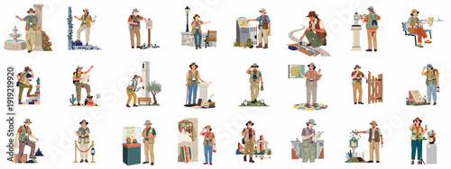 Diverse explorers and tourists discovering ancient history, cultural heritage, and archaeological sites with maps, tools, and enthusiasm for learning and adventure.