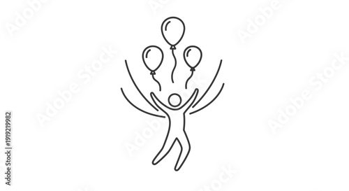 Joyful Minimalist Person Icon Holding Balloons in a Celebratory Pose on Isolated White Background