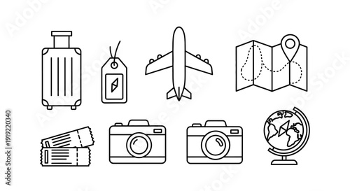 Travel and Tourism Line Icon Set: Adventure Vacation Elements