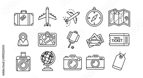Travel and Tourism Line Icon Set - Minimalist Vector Symbols for Vacation, Trip Planning, Navigation, and Luggage