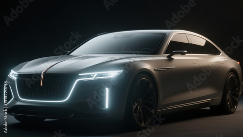 Dark cinematic studio image of a future luxury sedan