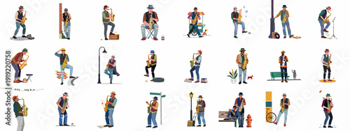 Flat vector illustrations of diverse male saxophone players performing jazz and blues in various urban street scenes, capturing the essence of street music.