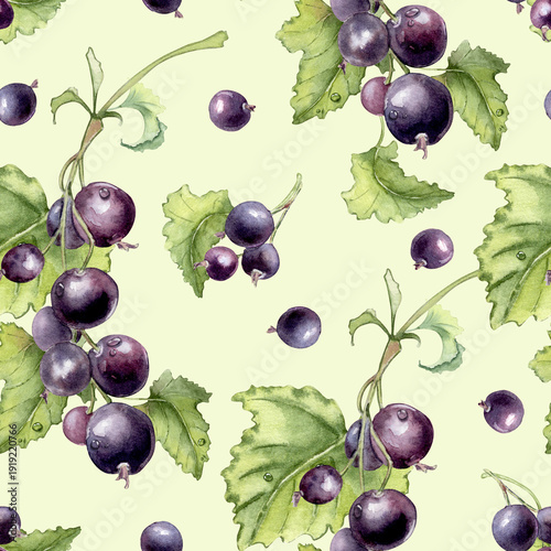 Watercolor black currant with leaves seamless pattern isolated on green. Hand drawn botanical repeat texture for fabric design and summer season. Purple berries on branches with dew drops.