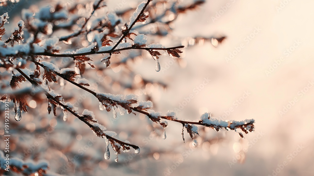 Obraz premium Snow-covered branch with icicles glistening in winter sunlight 