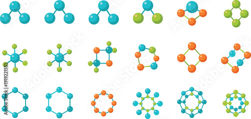 Molecule Structure Icon Set with Chemical Bonds, Atomic Models, and Molecular Network Diagrams for Science and Chemistry Design