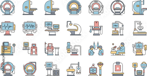 Medical Imaging and Diagnostic Equipment Icon Set with MRI, CT Scanner, Ultrasound, X Ray Machine, Hospital Devices, and Healthcare Technology
