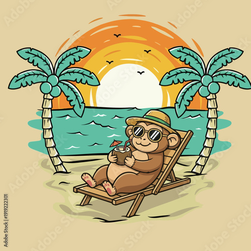 Cute monkey relaxing on a beach chair with a coconut drink.