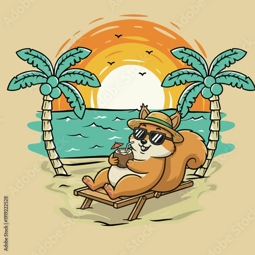 Cute Squirrel Relaxing on Beach Chair with Coconut Drink.