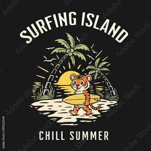Cute tiger with surfboard on a tropical island.