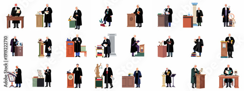 Diverse illustrations of judges and legal professionals in various courtroom and office settings, showcasing different poses, actions, and legal duties with appropriate accessories.