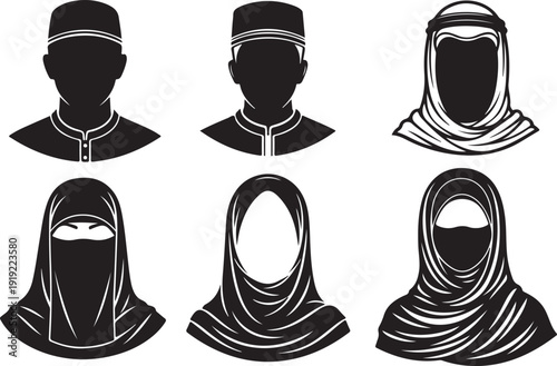 Middle eastern avatars set featuring diverse men in traditional kufi hats and women wearing various styles of hijab niqab and khimar