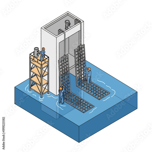 Isometric illustration of industrial water treatment facility with workers.