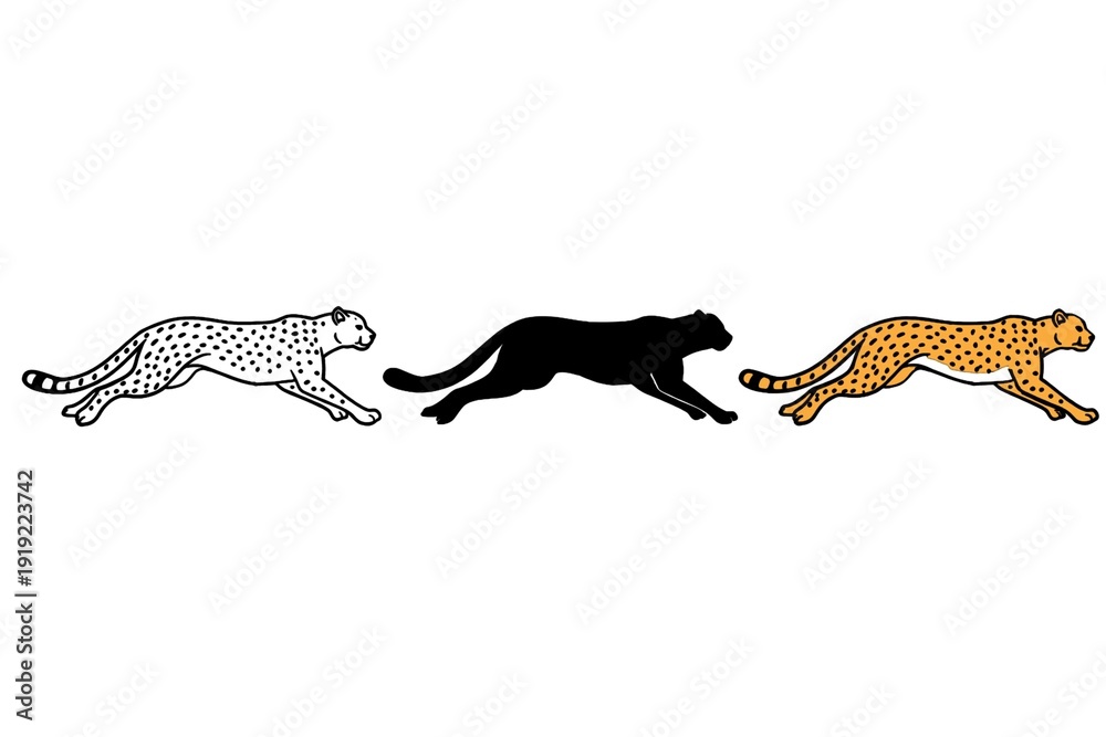 Naklejka premium Trio of stylized cheetah illustrations in mid-run with white, black, and orange color variations