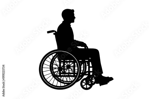 Black silhouette of person seated in manual wheelchair with large rear wheels and smaller front casters